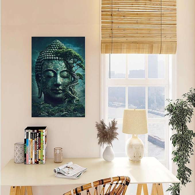 Buddha statue wall art canvas wall decor aesthetic picture mystical nature art for tranquil home and spiritual space 12x18in Wood Framed