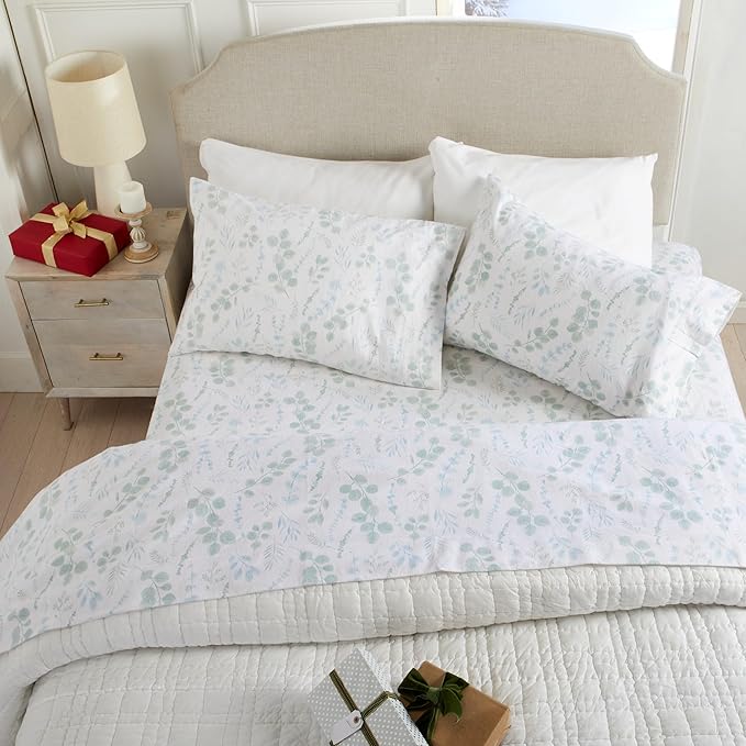 Market & Place 100% Cotton Twin Flannel Sheet Set | 3 Piece Deep Pocket Cozy Winter Floral Bed Sheets | Double Brushed for Extra Softness & Comfort | Alpine Collection (Twin, Eucalyptus Leaves)