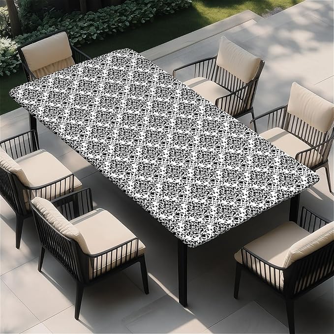 Rectangle Table Cloth Cover Waterproof Elastic Fitted Polyester Fitted Tablecloths for 8 Foot Tables for Indoor,Picnic, Camping, Outdoor （96" x 30"，Flower Geometry）