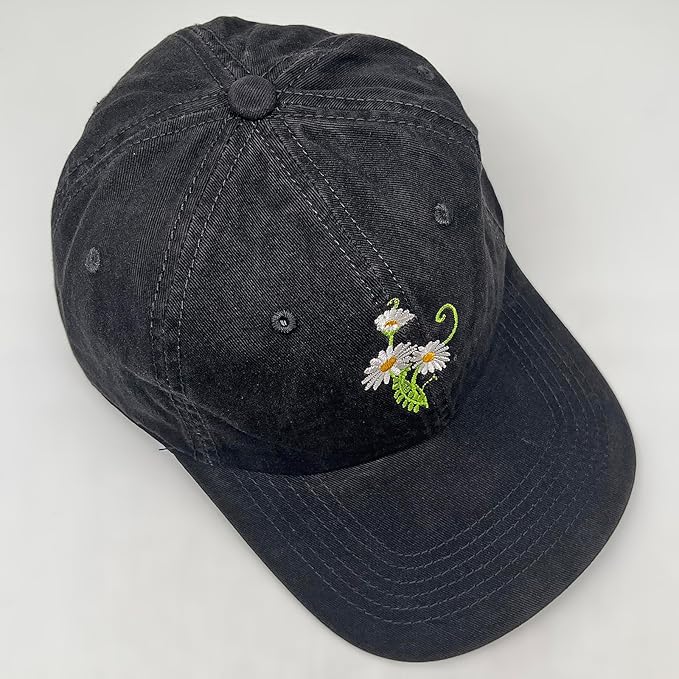 Cute Flower Hat, Elegant Floral Embroidered Adjustable Baseball Cap for Men Women, Gifts for Flower Lovers, Black