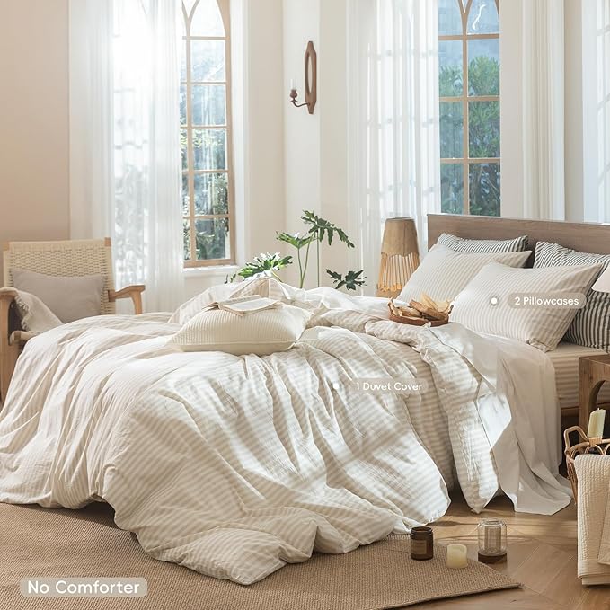 MooMee Striped Duvet Cover Set 100% Washed Cotton Linen Like Textured Breathable Durable Soft Comfy (Almond Milk Grey Classic Stripes, Palatial King/Oversized King 120"x98")