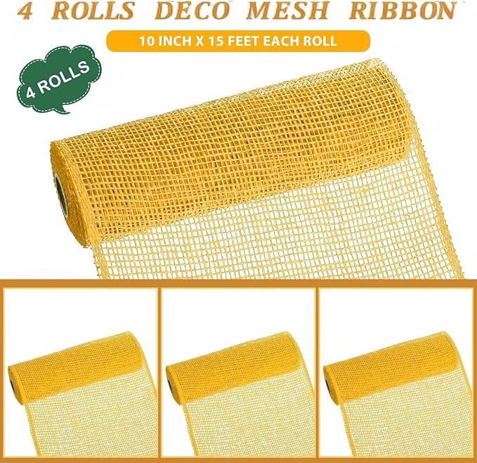 Chuangdi 4 Rolls Spring Poly Burlap Mesh Poly Burlap Deco Ribbon Mesh Roll for Summer Easter 4th of July DIY Flower Wreath Garland, 10 Inch(Yellow)