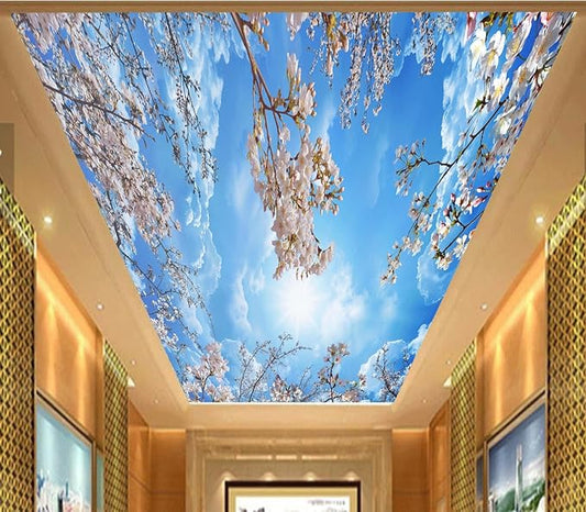 Eierme-Pink Cherry Blossoms and Blue Sky and White Clouds Ceiling Peel and Stick 90" x 67"