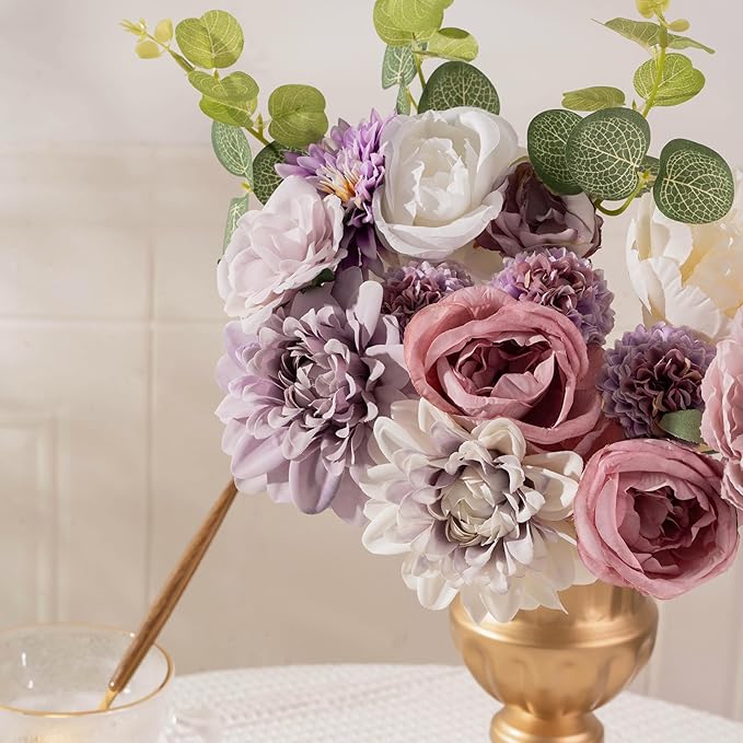 30 Pcs Artificial Flowers Combo Purple Flowers Mix Silk Flowers Dahlia Roses with Stems for DIY Wedding Bridal Bouquets, Baby Shower, Floral Arrangement, Table Centerpieces, Home Decorations