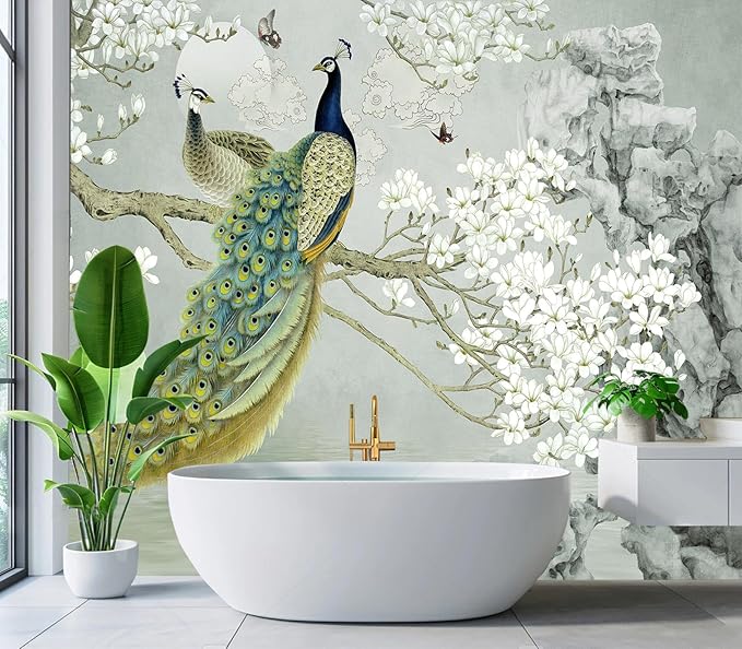 Eierme-Flower Pattern Peacock Illustration Wallpaper Mural Wallpaper Peel and Stick 137" x 102"