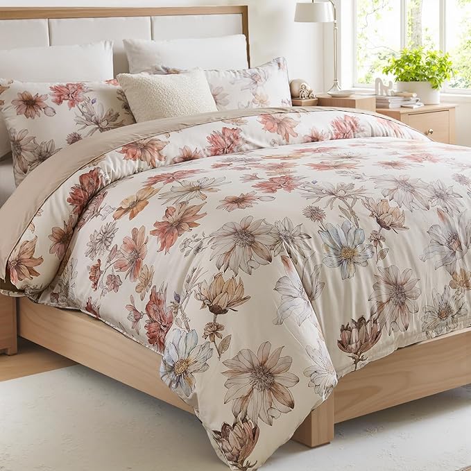 100% Cotton Duvet Cover Queen Size – Cream Hand-Drawn Watercolor Blooms Duvet Cover Set with Zipper Closure & Corner Ties, 3-Piece Luxury & Silky Soft Bedding Set for All Seasons