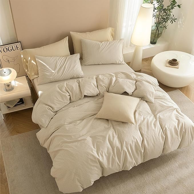 JIYUAN 100% Washed Cotton Striped Duvet Cover Set 3 Pieces King, 1 Duvet Cover and 2 Pillowcases(Comforter Not Included),Linen Like Bedding Set Comfy and Breathable,Pinstripes-Heathered Beige White