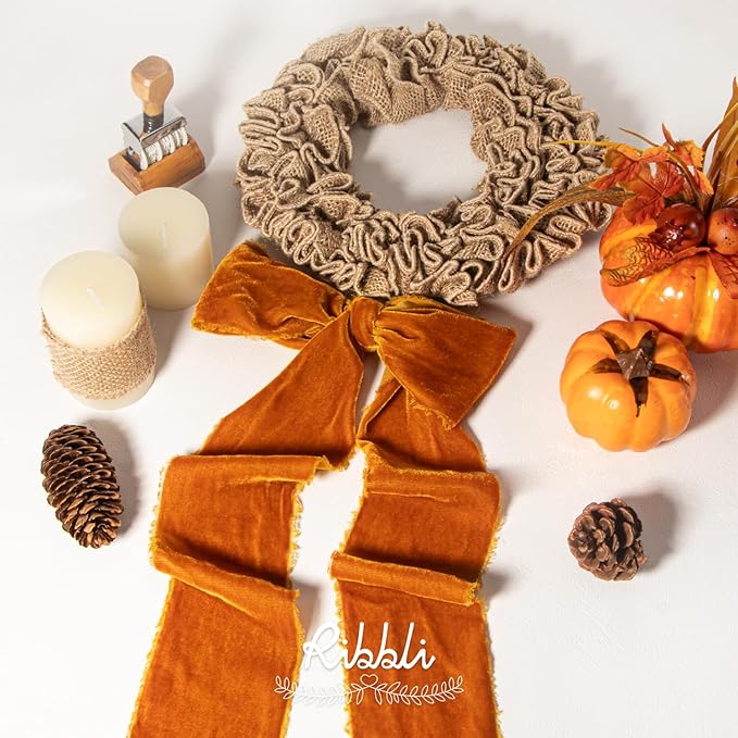 Ribbli Terracotta Velvet Ribbon 3 Inch Handmade Frayed Vintage Burnt Orange Christmas Ribbon for Gift Wrapping Tree Ornament Wreath Craft Home Decor -3 Yards
