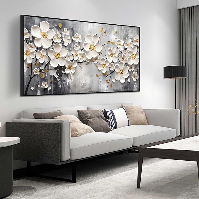 Flowers Canvas Wall Art for Bedroom - White Art Paintings for Wall Living Room - Framed Wall Art for Office Large Size 29" x 59"