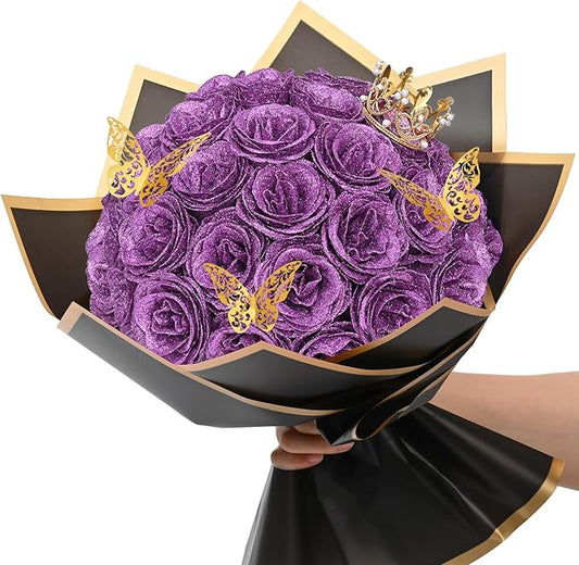 Waipfaru Glitter Roses Bouquet, DIY Lilac Fake Flowers Bouquet, Birthday Gifts for Women Mom, 36 Pcs Rose for Grandma Wife Girlfriend Valentines, Mothers Day, Anniversary, Graduation