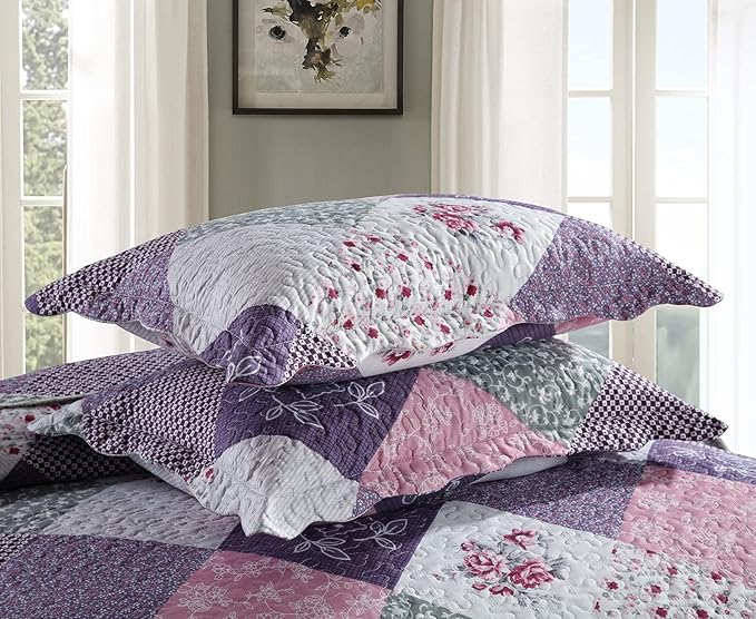 Travan Bedspread Quilt Set 3-Piece Lightweight Coverlet Set with Shams Reversible Quilted Bedding Set for All Season, Purple Floral, King Size