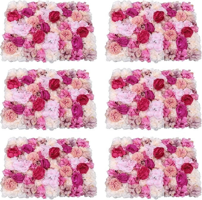 Flower Wall Backdrop, 6Pcs 23.6 X 15.7Inch Floral Wall Panel, Artificial Fuchsia Silk Rose Wall Decor Ideal for Wedding Celebrations, Festive Party Backdrops, Home Decor and Event Background Etc