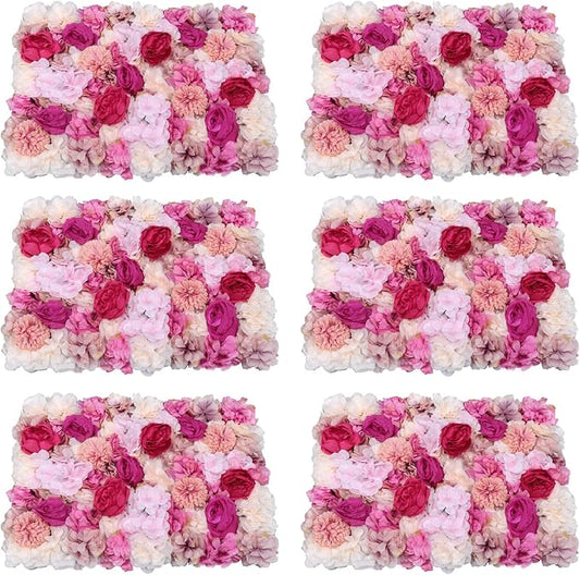 Flower Wall Backdrop, 6Pcs 23.6 X 15.7Inch Floral Wall Panel, Artificial Fuchsia Silk Rose Wall Decor Ideal for Wedding Celebrations, Festive Party Backdrops, Home Decor and Event Background Etc