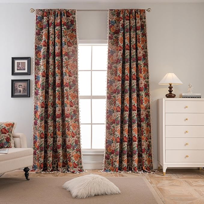 ENJOYBRIDAL Floral Curtains 63 Inch Long Semi Sheer Short Drapes Bedroom Rod Pocket Jacquard 2 Panels Window Curtains Farmhouse Boho Tassel Patterned Living Room Botanical Window Treatments