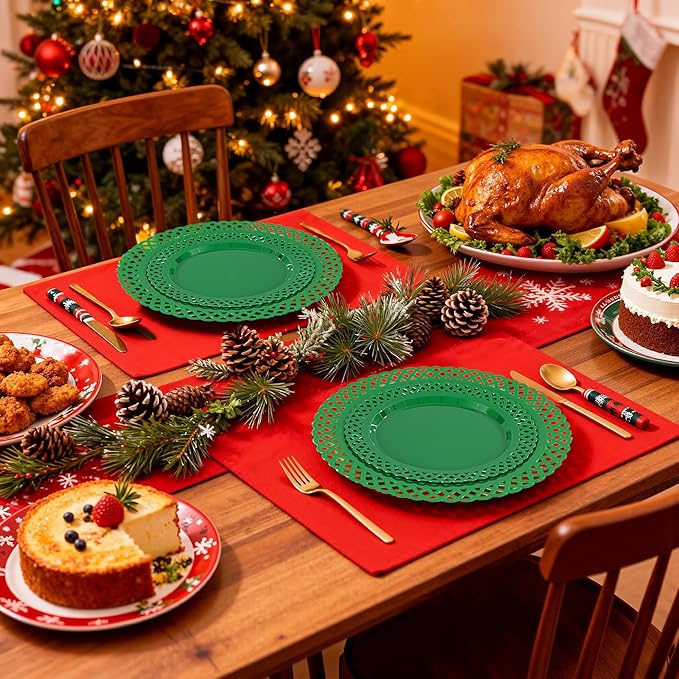 COLOSUS 60Pcs Green Christmas Plastic Plates, Fancy Green Scallop Plates, Heavy Duty Lace Hollowed Out Plate include 30 Dinner plate 10” and 30 Salad/Dessert plate 7.5”for Christmas