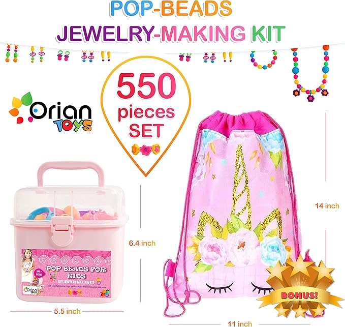 Orian Pop Beads Jewelry Kit for Girls – 550+ Colorful Snap Beads to Create Bracelets, Necklaces & Rings, Fun DIY Set with Unicorn Gift Bag, Ages 3+