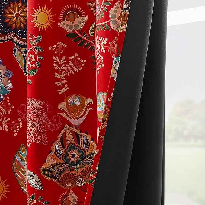XiDi Red Floral Curtains 102 Inches Long 2 Panels 100% Blackout Vintage Botanical Leaf Patterned Curtains for Living Room Bedroom Thermal Insulated Room Darkening Luxury Colorful Drapes Grommet 52x102