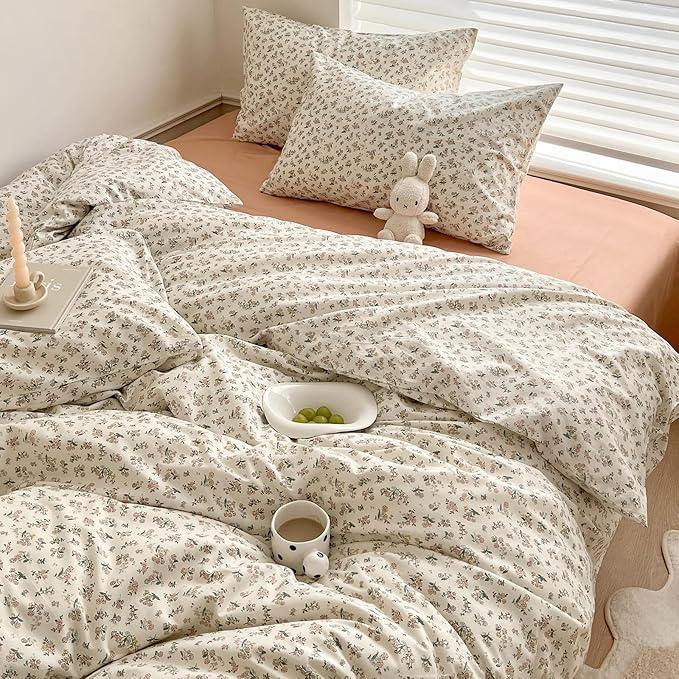 Boho Floral Duvet Cover Queen Aesthetic Floral Comforter Cover Cotton Pink Floral Bedding Set Vintage Botanical French Style Duvet Cover Cute Flower Bedding Cover Cottagecore Comforter Cover Queen
