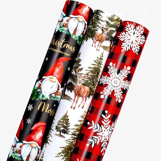 MAYPLUSS Festive Christmas Wrapping Paper - 17Inch x 10Feet Per Roll - Fairy Forest Deer Gnome Holiday Christmas Snowflake Thick Rolled Gift Wrap for Winter, Holiday, Party and Celebrations