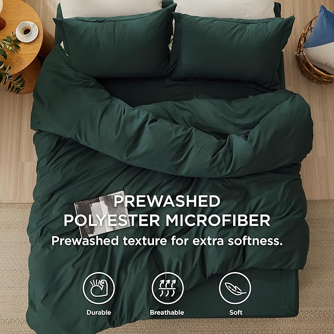 Bedsure Duvet Cover Queen Size with Fitted Sheet - 4 Pieces Prewashed Cotton-Like Extra Soft Bedding Set, Includes 1 Duvet Cover 90x90 Inches, 2 Pillow Shams, 1 Fitted Sheet, Forest Green