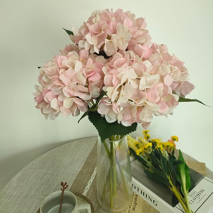 Pink Hydrangea Artificial Flowers,6 Pcs Faux Pink Hydrangea Flowers, Artificial Hydrangeas Flowers with Stems,Fake Hydrangea Flowers, Hydrangea Silk Flowers (6, Pink)