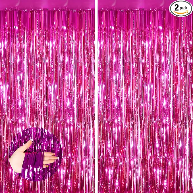 Keyali 2 Pack 3.3 * 8.3 ft Foil Curtain Metallic Tinsel Fringe Curtains Photo Booth Props Backdrop for Birthday Wedding Engagement Baby Shower Christmas Holiday Celebration Partyl,Hot Pink