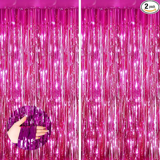 Keyali 2 Pack 3.3 * 8.3 ft Foil Curtain Metallic Tinsel Fringe Curtains Photo Booth Props Backdrop for Birthday Wedding Engagement Baby Shower Christmas Holiday Celebration Partyl,Hot Pink