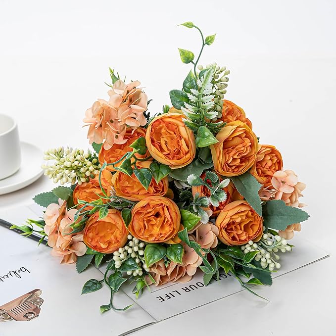 KAOYOO 4 PCS Artificial Peony Bouquet Short Stem for DIY Wedding Decoration Bridal Bouquet Home Decorations(Orange 4-PCS)
