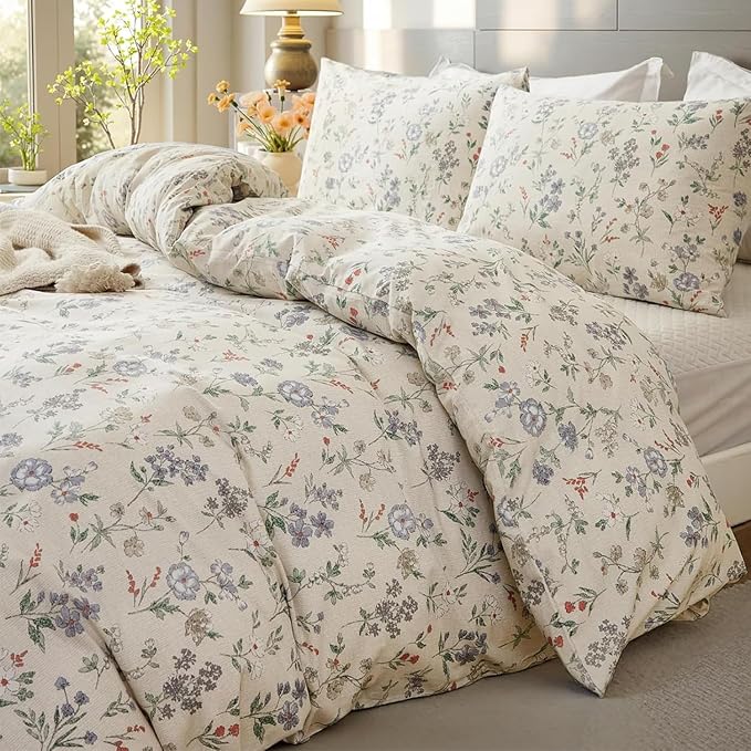 EAVD Vintage Garden Floral Duvet Cover King Soft 100% Cotton Chic Spring Leaves Floral Bedding Set with 2 Pillowcases Fresh Reversible Botanical Comforter Cover with Zipper Closure