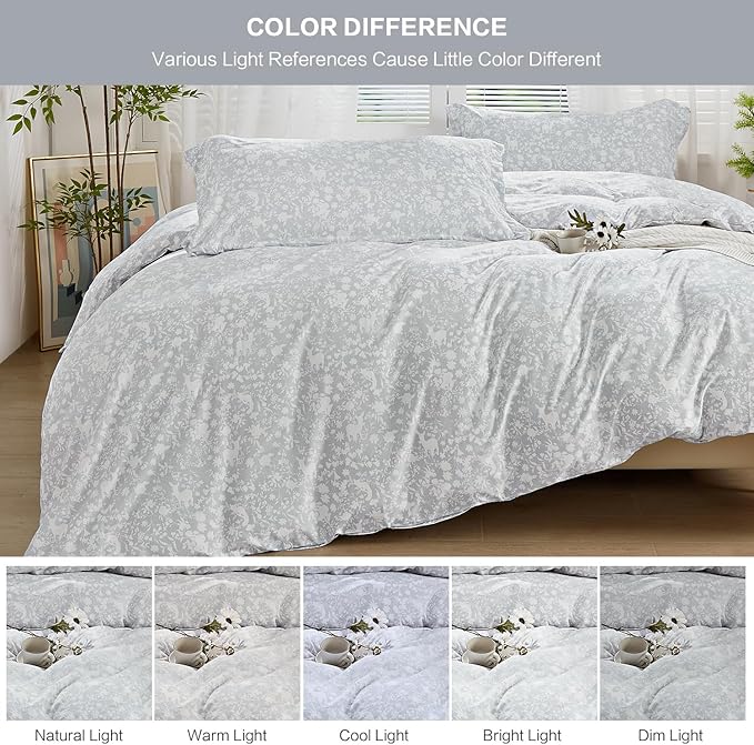 SAPHREAS Silver Grey Duvet Cover Queen 3pcs Soft Microfiber Botanical Plants Printed Pattern Gray Comforter Cover Set with Zipper Ties 1 White Floral Animal Cover 2 Pillow Shams (No Duvet Insert)