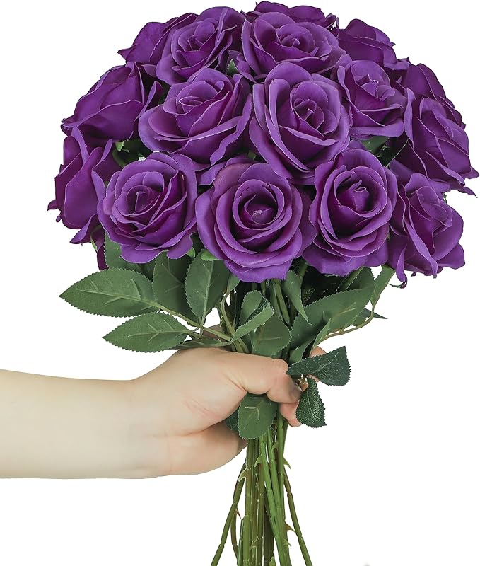 DuHouse 10pcs Fake Roses Artificial Silk Flowers Long Stems Bouquet for Arrangement Wedding Centerpiece Party Home Kitchen Decor(Dark Purple)