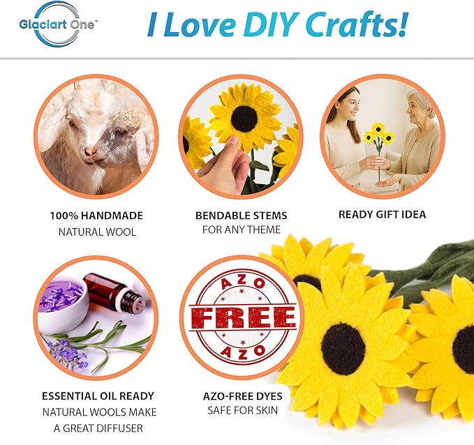 Glaciart One Felt Sunflowers Artificial Bouquet - 3 pcs | Reusable, Washable and Essential Oil Ready Yellow Artificial Flowers w/Bendable Long Wire Stems |Great Gift or Home/Event Decorations