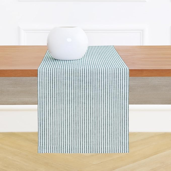 Solino Home Linen Table Runner 90 Inches Long - Narrow Stripe, 100% Pure Linen Rainforest and White Farmhouse Table Runner 14 x 90 Inch for Dining, St Patricks Day