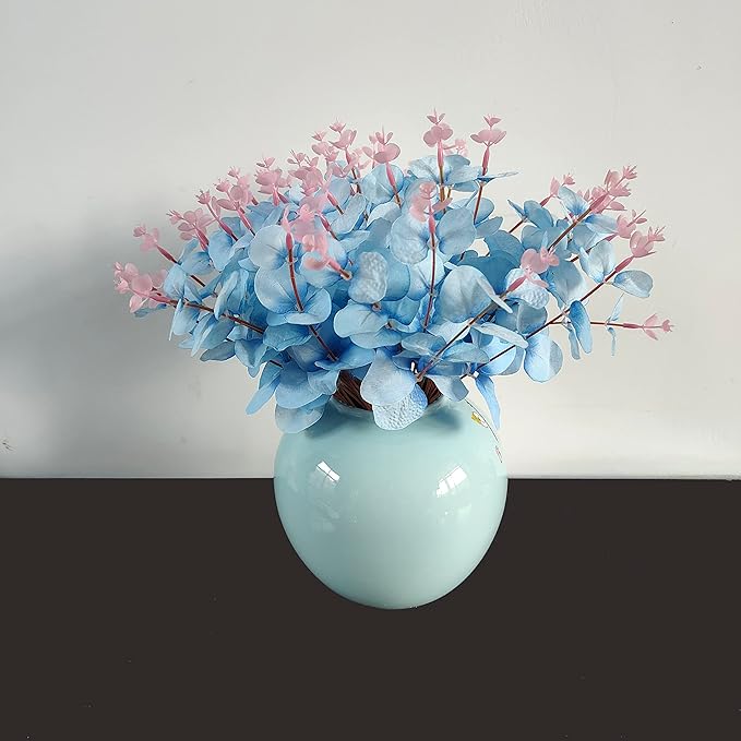 19" Faux Flowers Artificial Silk Silver Dollar Eucalyptus Stems Fake Plant for Vase Home Wedding Decor 3 Pcs (Blue)