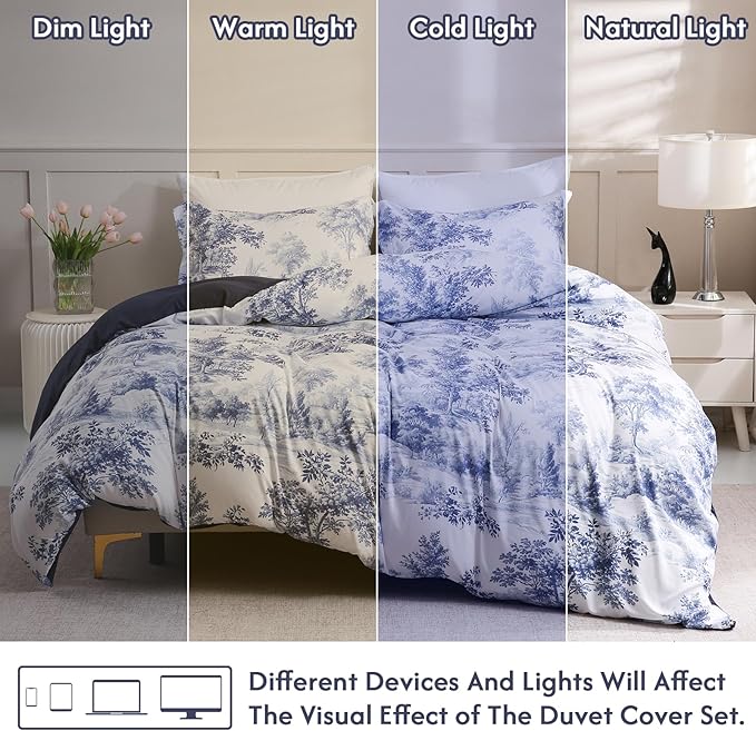 LONAVA Queen Botaincal 3 Pcs Duvet Cover Set, Breathable Soft Microfiber Navy Lining Comforter Cover with Zipper Closure, and 2 Anti-Pilling, Fade Resistant Pillowcases, Blue Forest
