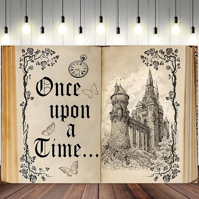 5x4ft Once Upon a Time Backdrop Fairy Tale Books Castle Princess Photography Background Once Upon a Time Birthday Baby Shower Decoration Storybook Wedding Party Banner