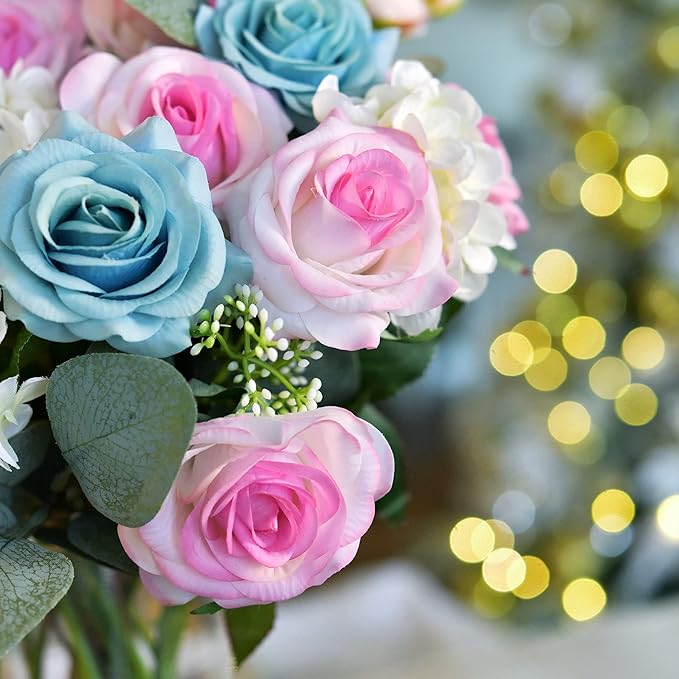 FiveSeasonStuff Fake Roses Wedding Flowers Real Touch Silk White & Purple Artificial Flowers 12 Stems