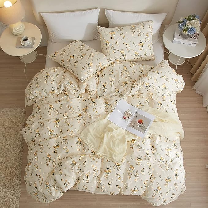 LifeTB Bed Linen Set, Queen Botanical Floral Duvet Cover Set with 2 Pillowcases, 100% Cotton, Zipper Closure, 90x90in