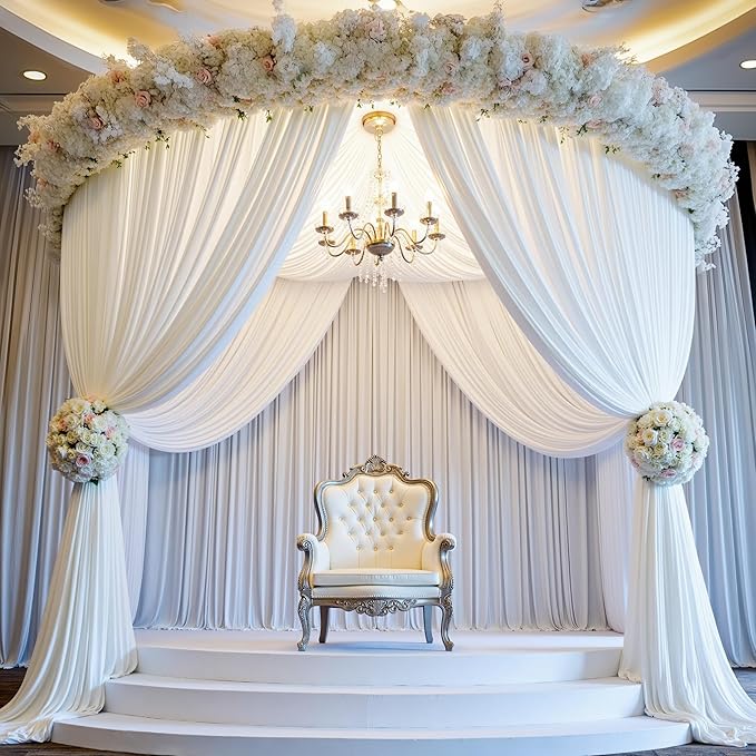 PartyVillage 10ft×15ft White Backdrop Curtain for Wedding Parties, 2 Panels Wrinkle Free 15 FT Long Polyester Photo Backdrop Drapes Back Drop Cloth for Birthday Photography Background