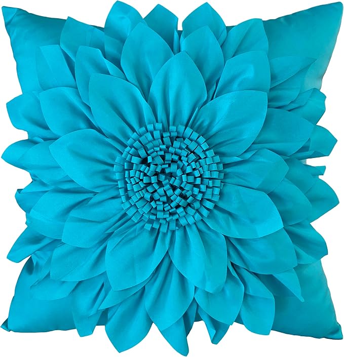 Bella's Giftshop 3D Sunflower Decorative Throw Pillow Covers for Bed Sofa Couch Car, Accent Floral Taffeta Cushion Cover, Handmade Pillow Cases Living Room Decor, 17x17 Inch-Teal/Turquoise