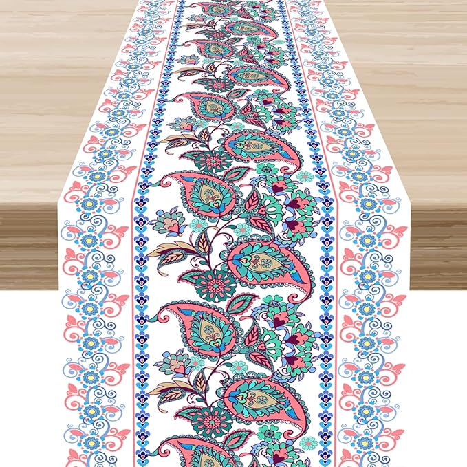 Vintage Paisley Table Runner, Rustic Pink White Paisley Floral Retro Boho Art Table Center Decor for Family Kitchen Farmhouse Holiday Party Table Decorations Indoor Outdoor 13x36 inch