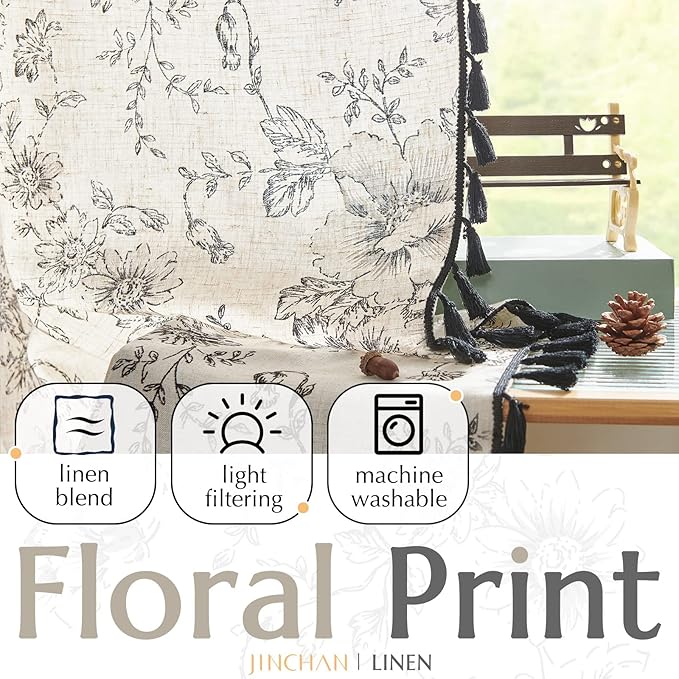 JINCHAN Linen Blend Floral Curtains for Living Room & Bedroom - 63 Inch Length Printed Curtains with Tassels & Rod Pocket - Farmhouse Rustic Peony Flower Patterned Drapes - Set of 2 Panels