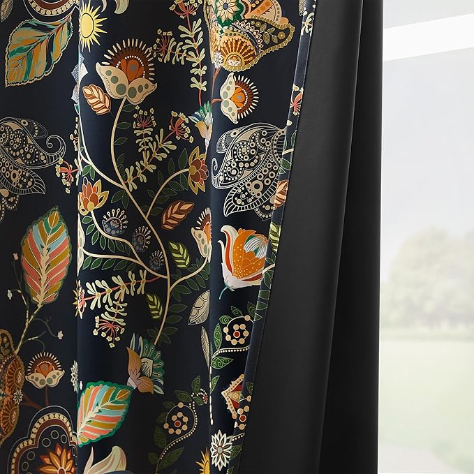 XiDi Floral Blackout Bedroom Curtains 63 Inches Long 2 Panels Room Darkening Thermal Insulated Vintage Mid Century Modern Curtains Patterned Flower Leaf Grommet Drapes for Home Decor 52x63 Navy Blue
