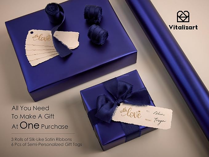 Vitalizart Blue Matte Metallic Wrapping Paper Set 30" With Silk Satin Ribbon & Gift Tags Christmas Gift Wrapping Birthday Baby Shower Wedding Bouquets Handmade Crafts 197"(16.4 Ft) Blue Ribbon