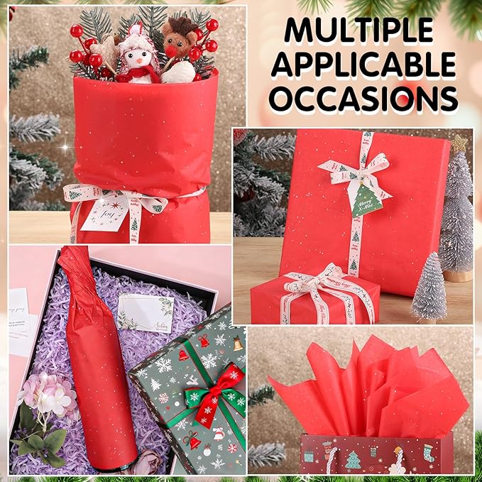 135 Sheets Glitter Tissue Paper for Gift Bags 20 x 14 Inch Red Tissue Paper with Sparkle for Christmas Wedding Birthday Holiday Decor Art DIY Crafts