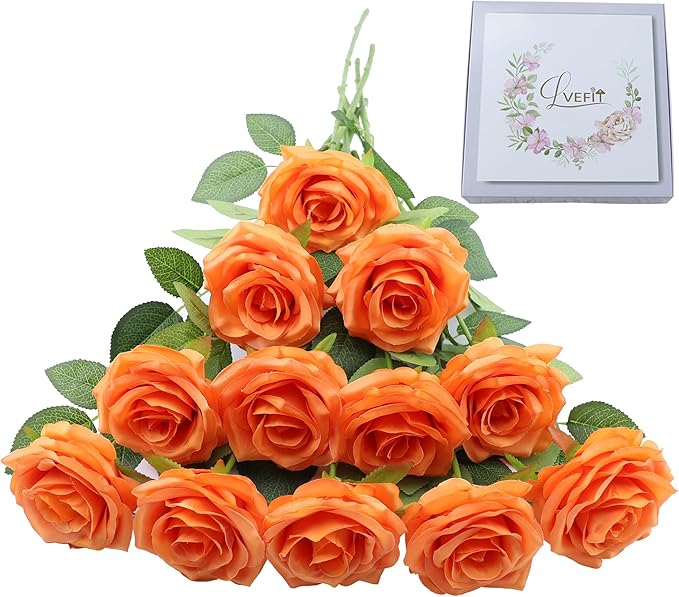 12pcs Artificial Rose Flower Orange Rose Orange Flower with Long Stem Silk Roses Bouquet for Wedding Bridal Shower Party Home Decoration
