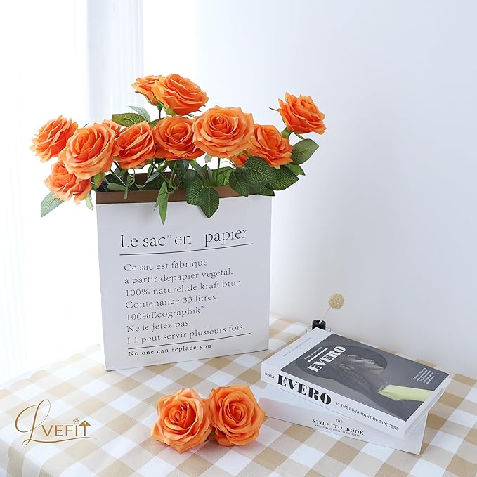 50pcs Artificial Rose Flower Orange Rose Orange Flower with Long Stem Silk Roses Bouquet for Wedding Bridal Shower Party Home Decoration