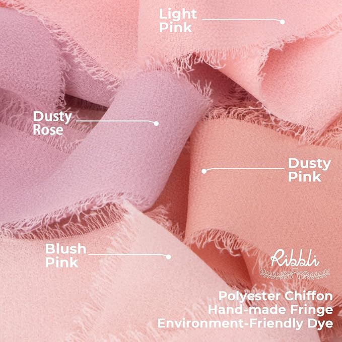 Ribbli Light Pink Chiffon Ribbon 1-1/2 inch x 20 Yard Handmade Fringe Chiffon Silk Ribbon for Wedding Invitations, Bridal Bouquets Wrapping, Flower Arrangement Decoration