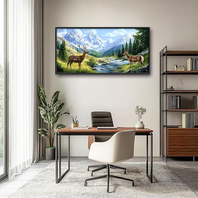Mountain Forests Deer Large Wall Art Framed Farmhouse Wall Decor for Living Room Rustic Elk Pictures Oversized Canvas Print Painting Modern Extra Large Framed Artwork for Bedroom Office 60"x30"