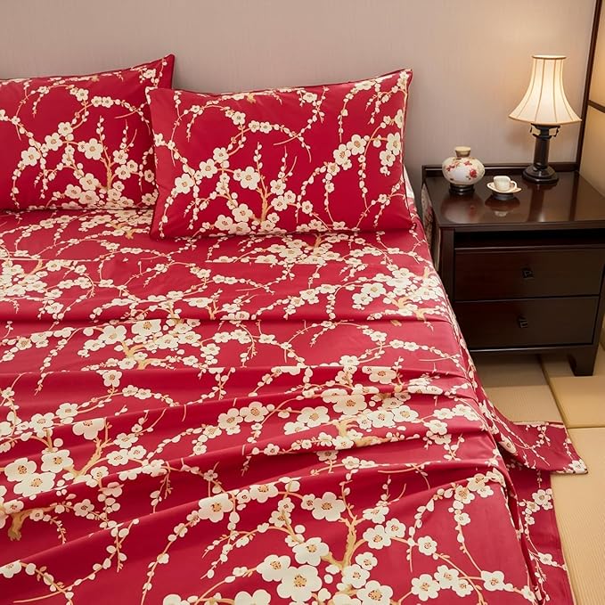Brandream Sheets Set Twin Size Japanese Oriental Style Cherry Red Floral Blossom Branches Print Chinoiserie Bedsheets Pillowcases Set 100% Egyptian Cotton Sateen Botanical Tree Deep Pocket, 4 Pieces
